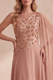 Khaki A-Line Chiffon One Shoulder Beaded Long Formal Dress with Cape