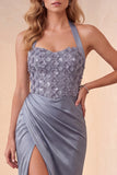 Dusty Blue Sheath Halter Ruched Satin Long Formal Dress with 3D Flower