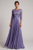 Purple A-Line Bateau Neck Pleated Embroidery Long Mother of the Bride Dress with Sequins