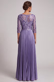 Purple A-Line Bateau Neck Pleated Embroidery Long Mother of the Bride Dress with Sequins