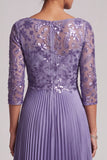 Purple A-Line Bateau Neck Pleated Embroidery Long Mother of the Bride Dress with Sequins