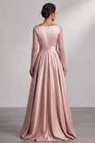 Blush A-Line V-Neck Long Sleeves Pleated Maxi Mother of the Bride Dress with Sequins