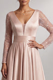 Blush A-Line V-Neck Long Sleeves Pleated Maxi Mother of the Bride Dress with Sequins