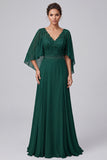Dark Green A-Line V-Neck Lace Flutter Sleeves Long Mother of the Bride Dress with Beading
