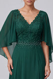Dark Green A-Line V-Neck Lace Flutter Sleeves Long Mother of the Bride Dress with Beading