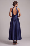 Dark Blue A-Line Halter Satin Ruched Midi Formal Dress