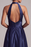 Dark Blue A-Line Halter Satin Ruched Midi Formal Dress