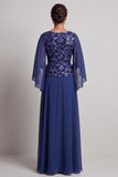 Navy A-Line Bateau Neck Printed Chiffon Long Mother of the Bride Dress with Flutter Sleeves