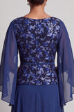 Navy A-Line Bateau Neck Printed Chiffon Long Mother of the Bride Dress with Flutter Sleeves