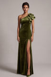 Olive Velvet Sheath Ruffled One Shoulder Long Formal Dress with Slit