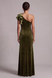 Olive Velvet Sheath Ruffled One Shoulder Long Formal Dress with Slit