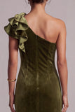 Olive Velvet Sheath Ruffled One Shoulder Long Formal Dress with Slit