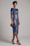 Royal Blue Sheath Off the Shoulder Printed Midi Mother of the Bride Dress with 3/4 Sleeves