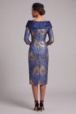 Royal Blue Sheath Off the Shoulder Printed Midi Mother of the Bride Dress with 3/4 Sleeves