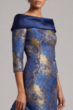 Royal Blue Sheath Off the Shoulder Printed Midi Mother of the Bride Dress with 3/4 Sleeves