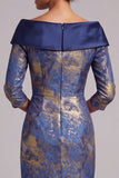Royal Blue Sheath Off the Shoulder Printed Midi Mother of the Bride Dress with 3/4 Sleeves