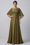Olive A-Line Bateau Neck Satin Flutter Sleeves Long Mother of the Bride Dress with Beading