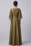 Olive A-Line Bateau Neck Satin Flutter Sleeves Long Mother of the Bride Dress with Beading