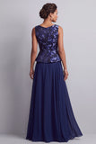 Navy A-Line Bateau Neck Chiffon Printed Long Mother of the Bride Dress