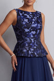 Navy A-Line Bateau Neck Chiffon Printed Long Mother of the Bride Dress