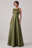 Olive A-Line Bateau Neck Satin Long Mother of the Bride Dress with Beading