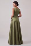 Olive A-Line Bateau Neck Satin Long Mother of the Bride Dress with Beading
