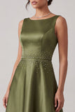 Olive A-Line Bateau Neck Satin Long Mother of the Bride Dress with Beading