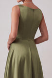 Olive A-Line Bateau Neck Satin Long Mother of the Bride Dress with Beading