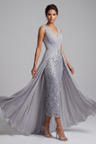 Light Grey Sheath V-Neck Ruched Chiffon Midi Mother of the Bride Dress with Sequins