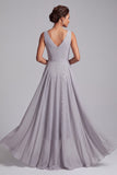Light Grey Sheath V-Neck Ruched Chiffon Midi Mother of the Bride Dress with Sequins