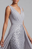 Light Grey Sheath V-Neck Ruched Chiffon Midi Mother of the Bride Dress with Sequins