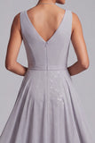 Light Grey Sheath V-Neck Ruched Chiffon Midi Mother of the Bride Dress with Sequins