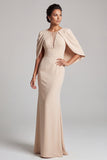 Champagne Mermaid Round Neck Cape Long Mother of the Bride Dress with Beading