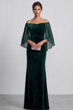 Dark Green Mermaid Off the Shoulder Flare Sleeves Velvet Long Formal Dress with Rhinestones