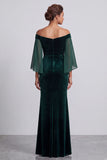 Dark Green Mermaid Off the Shoulder Flare Sleeves Velvet Long Formal Dress with Rhinestones