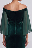 Dark Green Mermaid Off the Shoulder Flare Sleeves Velvet Long Formal Dress with Rhinestones