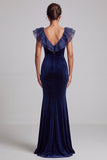 Dark Blue Velvet Mermaid V-Neck Ruffled Long Mother of the Bride Dress