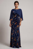 Dark Blue Sheath Bateau Velvet Neck Ruched Long Formal Dress with Chiffon Cape