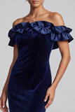 Navy Mermaid Off the Shoulder Ruffled Velvet Long Formal Dress