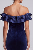 Navy Mermaid Off the Shoulder Ruffled Velvet Long Formal Dress