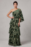 Dusty Sage Velvet A-Line One Shoulder Tiered Long Mother of the Bride Dress