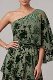 Dusty Sage Velvet A-Line One Shoulder Tiered Long Mother of the Bride Dress