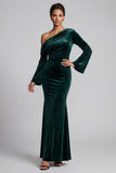 Dark Green Velvet Mermaid One Shoulder Ruched Flare Sleeves Long Formal Dress