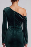 Dark Green Velvet Mermaid One Shoulder Ruched Flare Sleeves Long Formal Dress