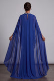 Dark Blue Sheath Chiffon High Neck Cape Maxi Mother of the Bride Dress with Beading