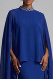 Dark Blue Sheath Chiffon High Neck Cape Maxi Mother of the Bride Dress with Beading