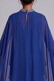 Dark Blue Sheath Chiffon High Neck Cape Maxi Mother of the Bride Dress with Beading