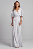 Light Grey Sheath V-Neck Flutter Sleeves Chiffon Long Mother of the Bride Dress with Appliques