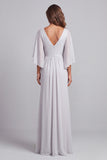 Light Grey Sheath V-Neck Flutter Sleeves Chiffon Long Mother of the Bride Dress with Appliques
