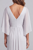Light Grey Sheath V-Neck Flutter Sleeves Chiffon Long Mother of the Bride Dress with Appliques